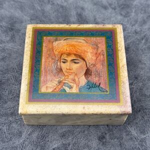 Vintage E. Hibel Girl w/ Flute Art Marble Stone Signed Trinket Jewelry Box 3.25”